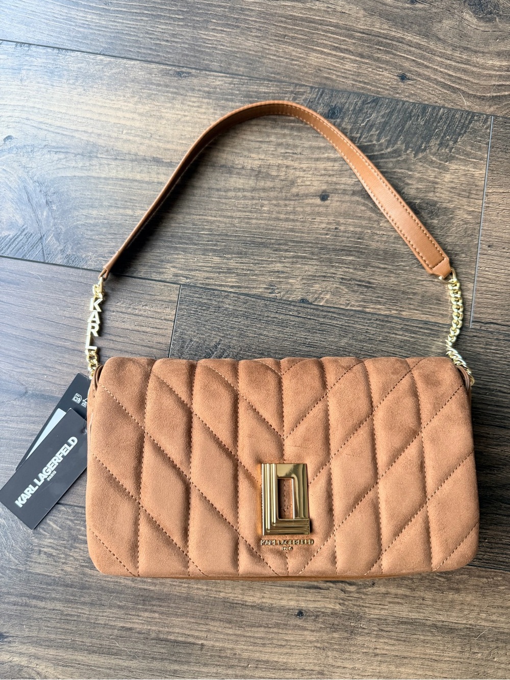 Karl Lagerfeld Cognac Quilted Shoulder Bag with Gold Hardware